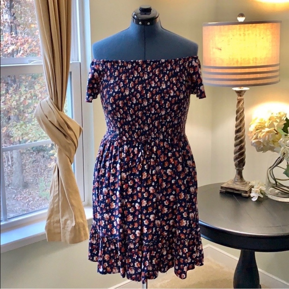 Xhilaration Navy Floral Off-Shoulder Dress